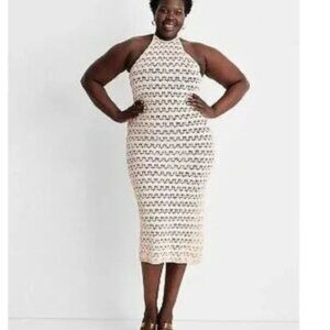 FUTURE COLLECTIVE Halter Tie Neck Open Knit Crochet Midi Dress